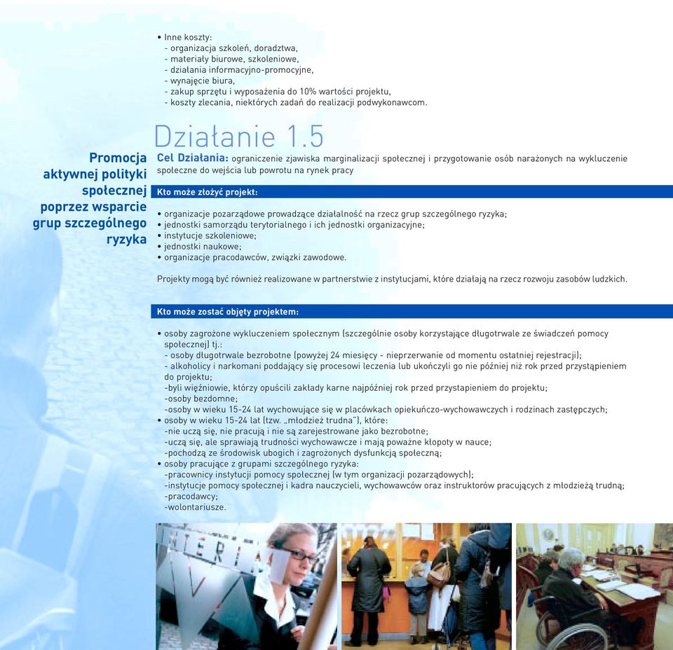 5 Cel Dzia ania: ograniczenie zjawiska marginalizacji spo ecznej i przygotowanie osób nara onych na wykluczenie spo eczne do wejêcia lub powrotu na rynek pracy Kto mo e z o yç projekt: organizacje