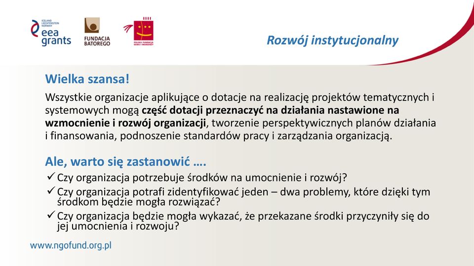 wzmocnienie i rozwój organizacji, tworzenie perspektywicznych planów działania i finansowania, podnoszenie standardów pracy i zarządzania organizacją.