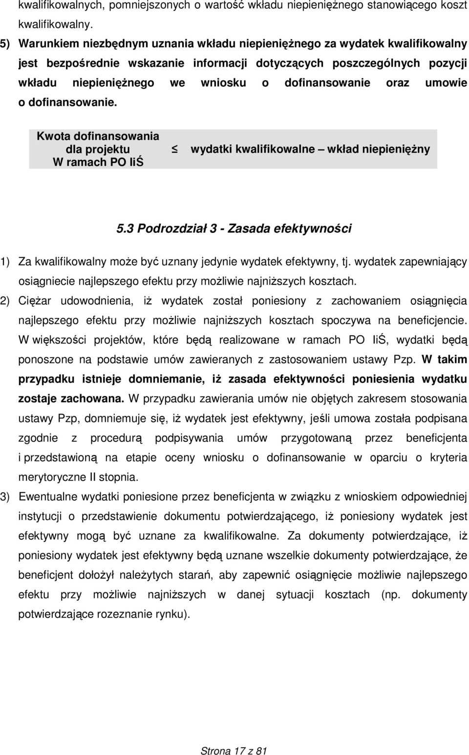 dofinansowanie oraz umowie o dofinansowanie. Kwota dofinansowania dla projektu W ramach PO IiŚ wydatki kwalifikowalne wkład niepienięŝny 5.