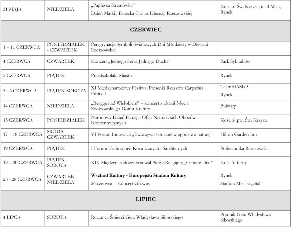 CZERWCA PIĄTEK Przedszkolaki Miastu 5-6 CZERWCA PIĄTEK- 14 CZERWCA 15 CZERWCA PONIEDZIAŁEK 17 18 CZERWCA ŚRODA - CZWARTEK XI Międzynarodowy Festiwal Piosenki Rzeszów Carpathia Festival Reagge nad