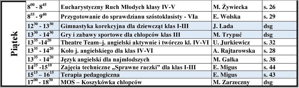 angielski aktywnie i twórczo kl. IV-VI U. Jurkiewicz s. 32 13 35-14 20 Koło j. angielskiego dla klas IV-VI A. Rajtarowska s.