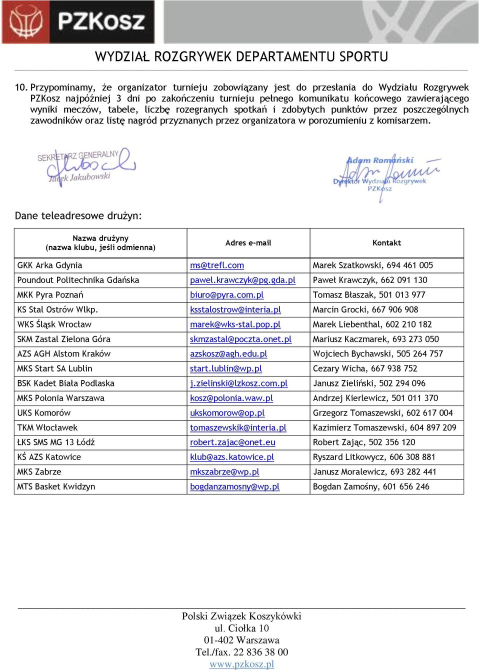 Dane teleadresowe drużyn: Nazwa drużyny (nazwa klubu, jeśli odmienna) Adres e-mail Kontakt GKK Arka Gdynia ms@trefl.com Marek Szatkowski, 694 461 005 Poundout Politechnika Gdańska pawel.krawczyk@pg.