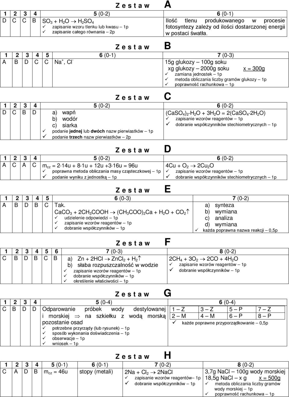 1 2 3 4 5 6 (0-1) 7 (0-3) A B D C C Na +, Cl - 15g glukozy 100g soku xg glukozy 2000g soku A B x = 300g zamiana jednostek 1p metoda obliczania liczby gramów glukozy 1p poprawność rachunkowa 1p 1 2 3