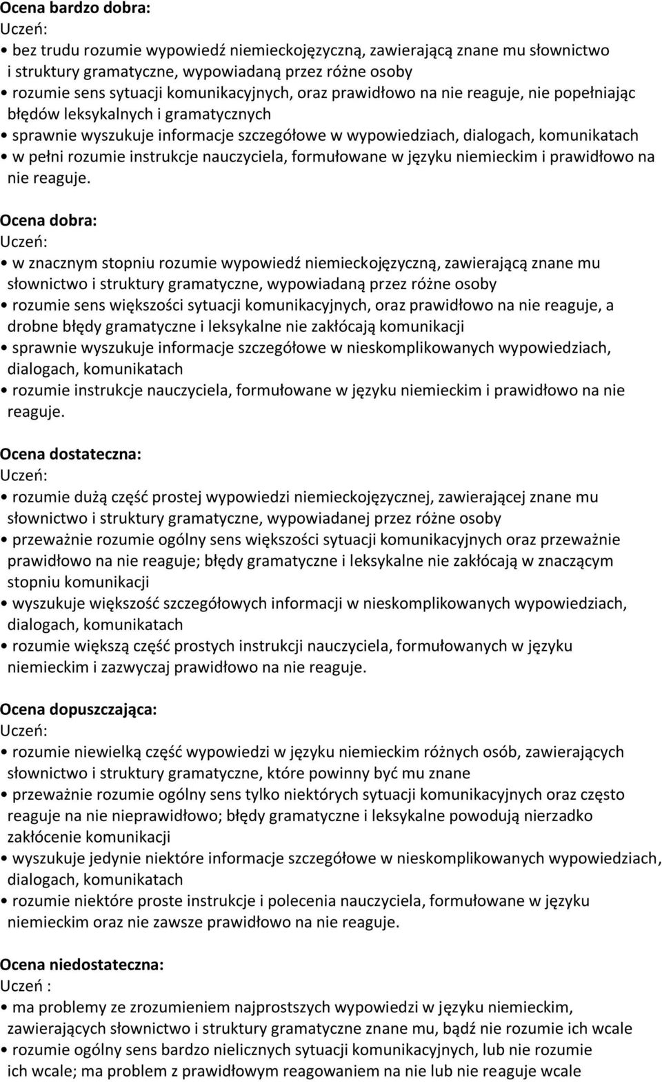 nauczyciela, formułowane w języku niemieckim i prawidłowo na nie reaguje.