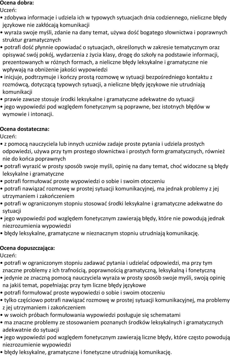 podstawie informacji, prezentowanych w różnych formach, a nieliczne błędy leksykalne i gramatyczne nie wpływają na obniżenie jakości wypowiedzi inicjuje, podtrzymuje i kończy prostą rozmowę w