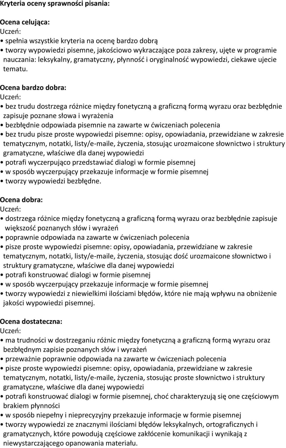 Ocena bardzo dobra: bez trudu dostrzega różnice między fonetyczną a graficzną formą wyrazu oraz bezbłędnie zapisuje poznane słowa i wyrażenia bezbłędnie odpowiada pisemnie na zawarte w ćwiczeniach