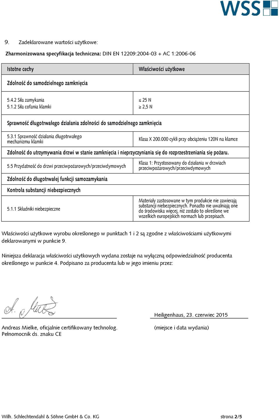 000 cykli przy obciążeniu 120N na klamce Zdolność do utrzymywania drzwi w stanie zamknięcia i nieprzyczyniania się do rozprzestrzeniania się pożaru. 5.