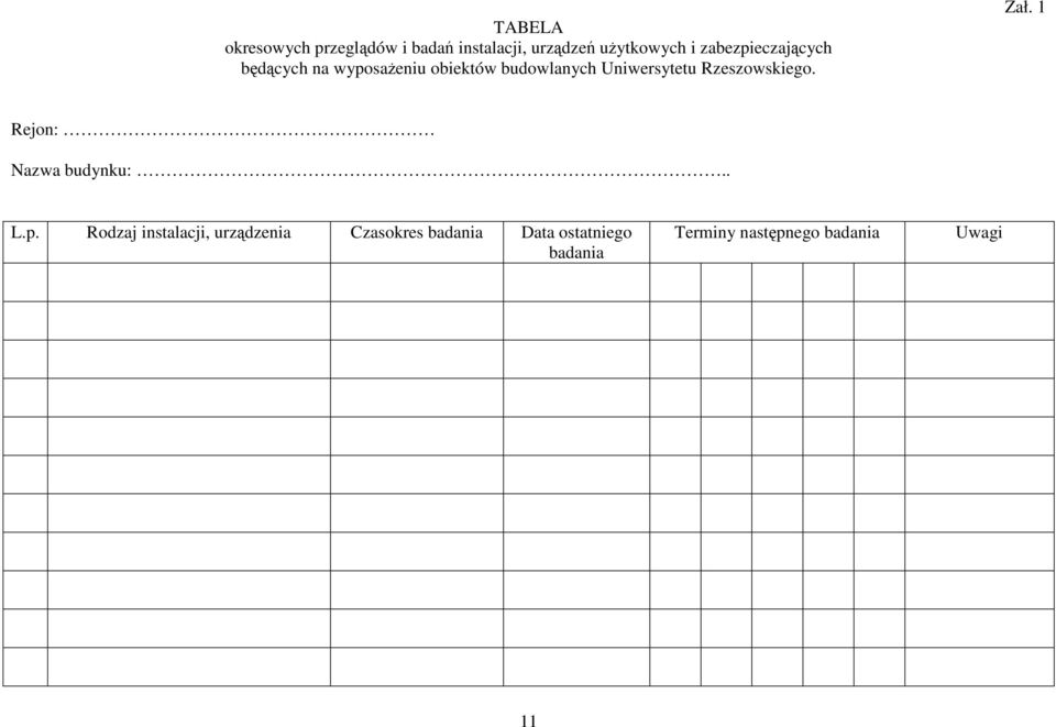 Rzeszowskiego. Zał. 1 Rejon: Nazwa budynku:.. L.p.