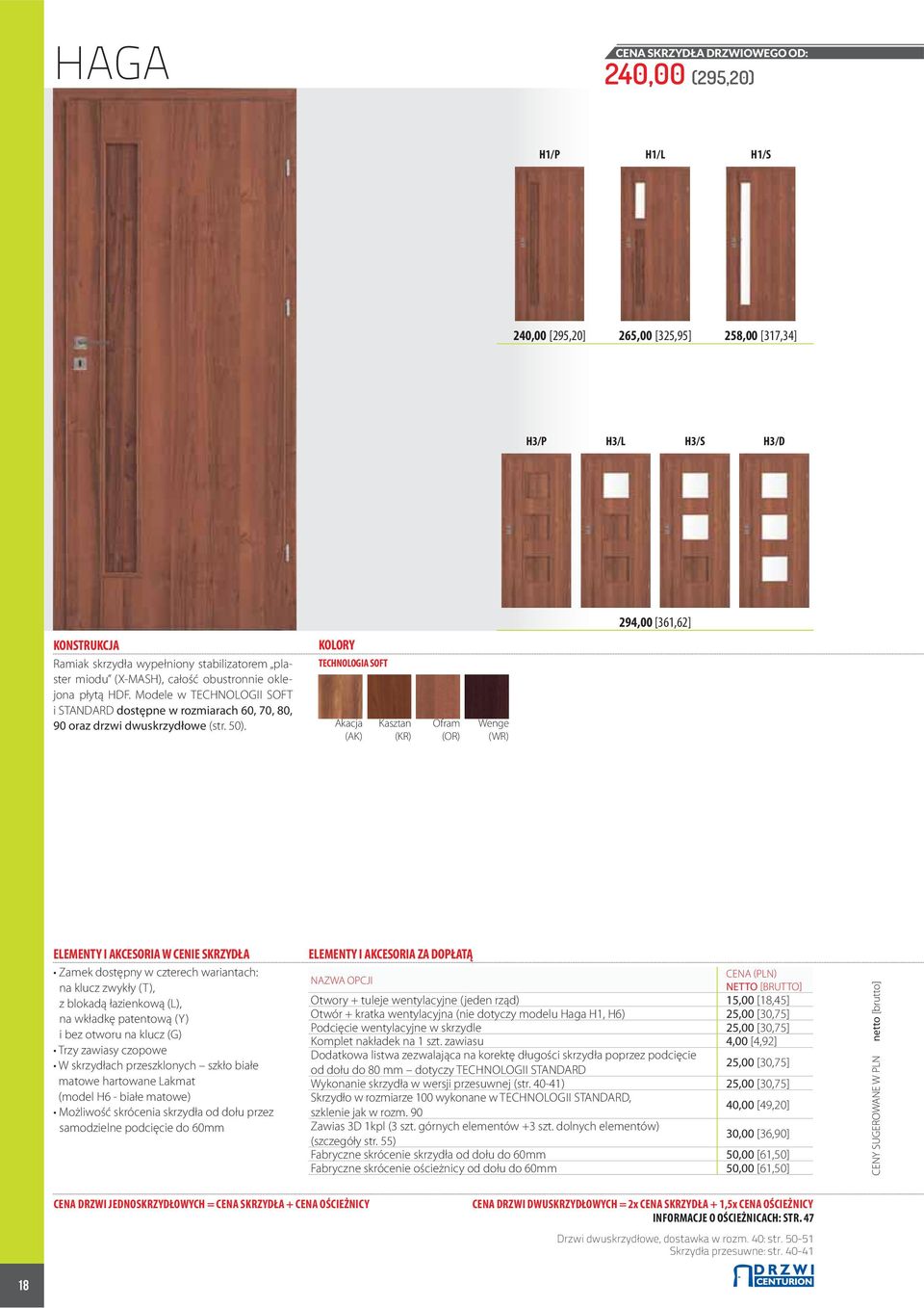 KOLORY TECHNOLOGIA SOFT Akacja (AK) Kasztan (KR) Ofram (OR) Wenge (WR) ELEMENTY I AKCESORIA W CENIE SKRZYDŁA na klucz zwykły (T), z blokadą łazienkową (L), na wkładkę patentową (Y) i bez otworu na
