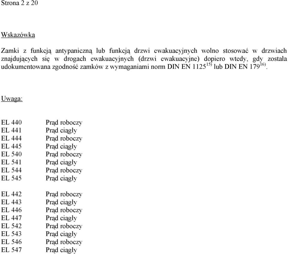 Uwaga: EL 440 EL 441 EL 444 EL 445 EL 540 EL 541 EL 544 EL 545 EL 442 EL 443 EL 446 EL 447 EL 542 EL 543 EL 546 EL 547 Prąd roboczy Prąd ciągły Prąd