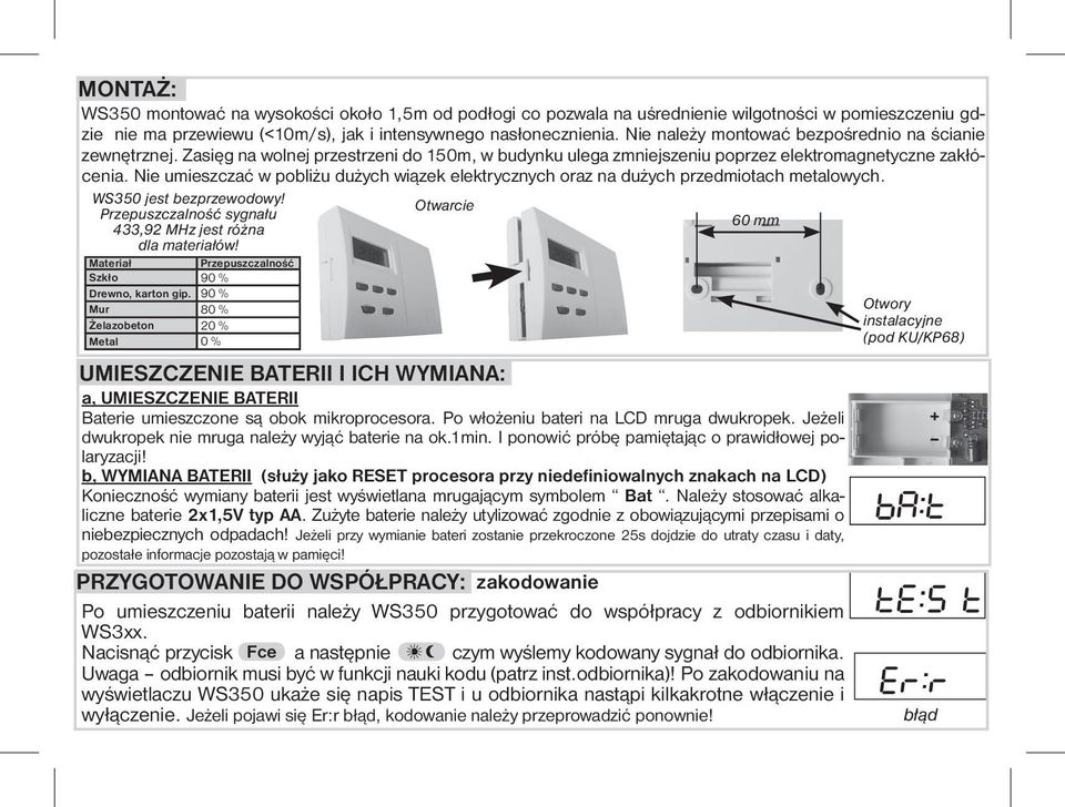 Nie umieszczać w pobliżu dużych wiązek elektrycznych oraz na dużych przedmiotach metalowych. WS350 jest bezprzewodowy! Przepuszczalność sygnału 433,92 MHz jest różna dla materiałów!