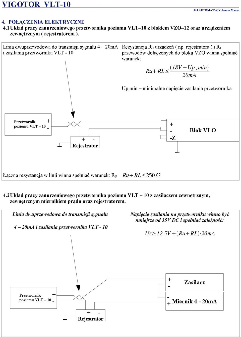 rejestratora ) i R I przewodów dołączonych do bloku VZO winna spełniać warunek: 18V Up,min Ru RL 20mA Up,min minimalne napięcie zasilania przetwornika Przetwornik poziomu VLT 10 Rejestrator Z Blok
