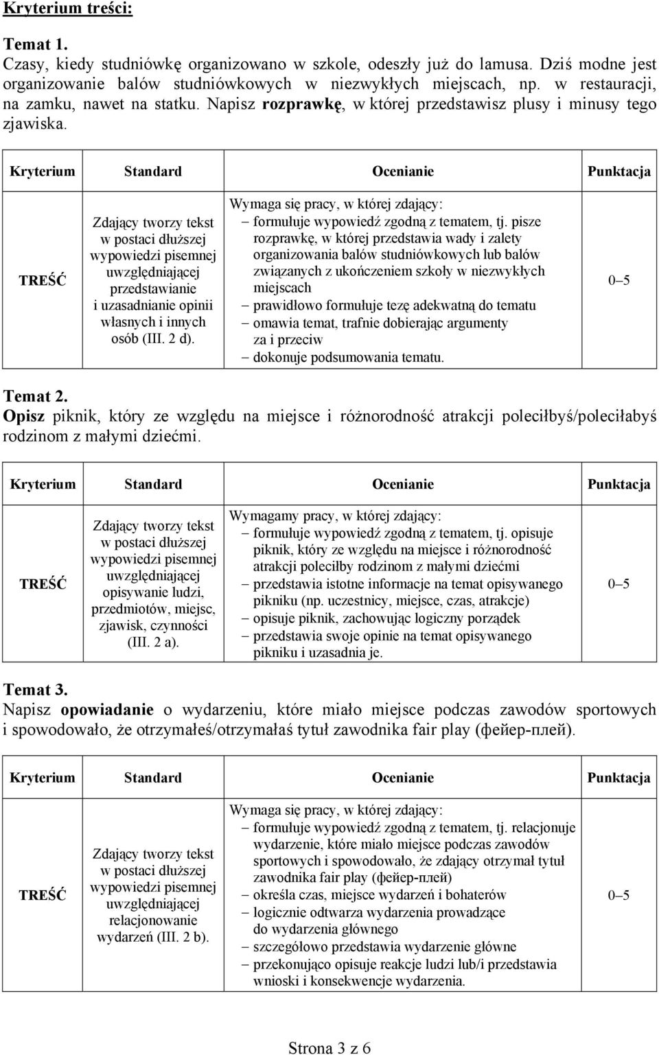 Kryterium Ocenianie Punktacja TREŚĆ Zdający tworzy tekst w postaci dłuższej wypowiedzi pisemnej uwzględniającej przedstawianie i uzasadnianie opinii własnych i innych osób (III. 2 d).