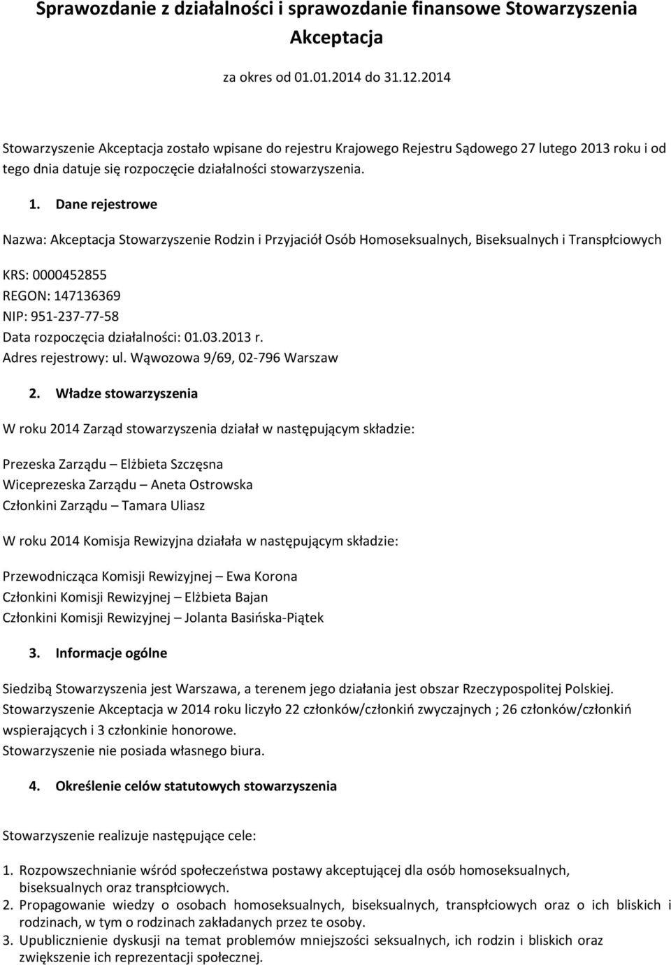 1.014 Stowarzyszenie Akceptacja zostało wpisane do rejestru Krajowego Rejestru Sądowego 7 lutego 01 roku i od tego dnia datuje się rozpoczęcie działalności stowarzyszenia. 1.