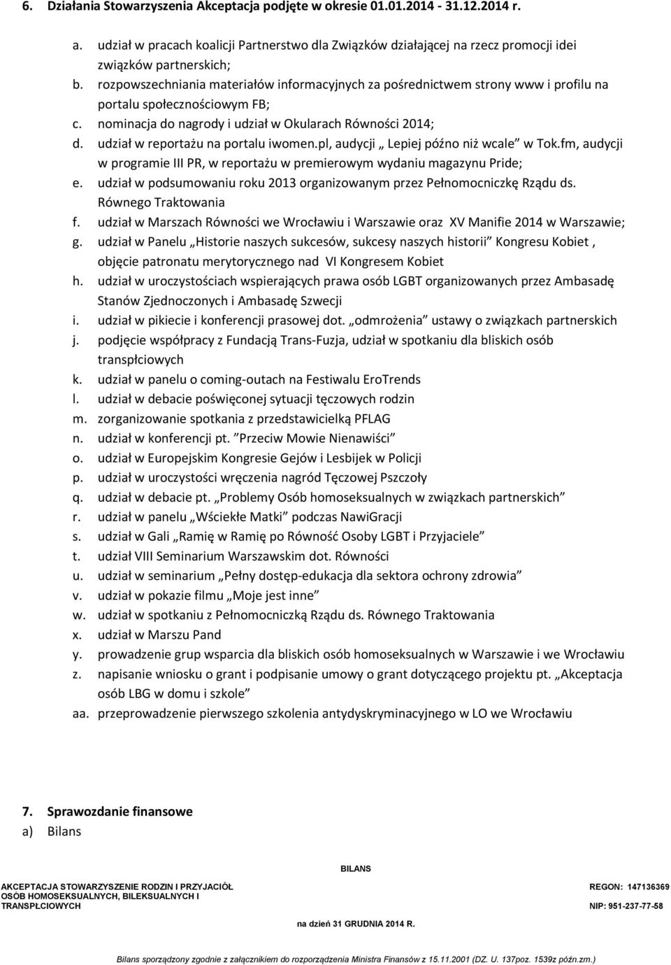 udział w reportażu na portalu iwomen.pl, audycji Lepiej późno niż wcale w Tok.fm, audycji w programie III PR, w reportażu w premierowym wydaniu magazynu Pride; e.