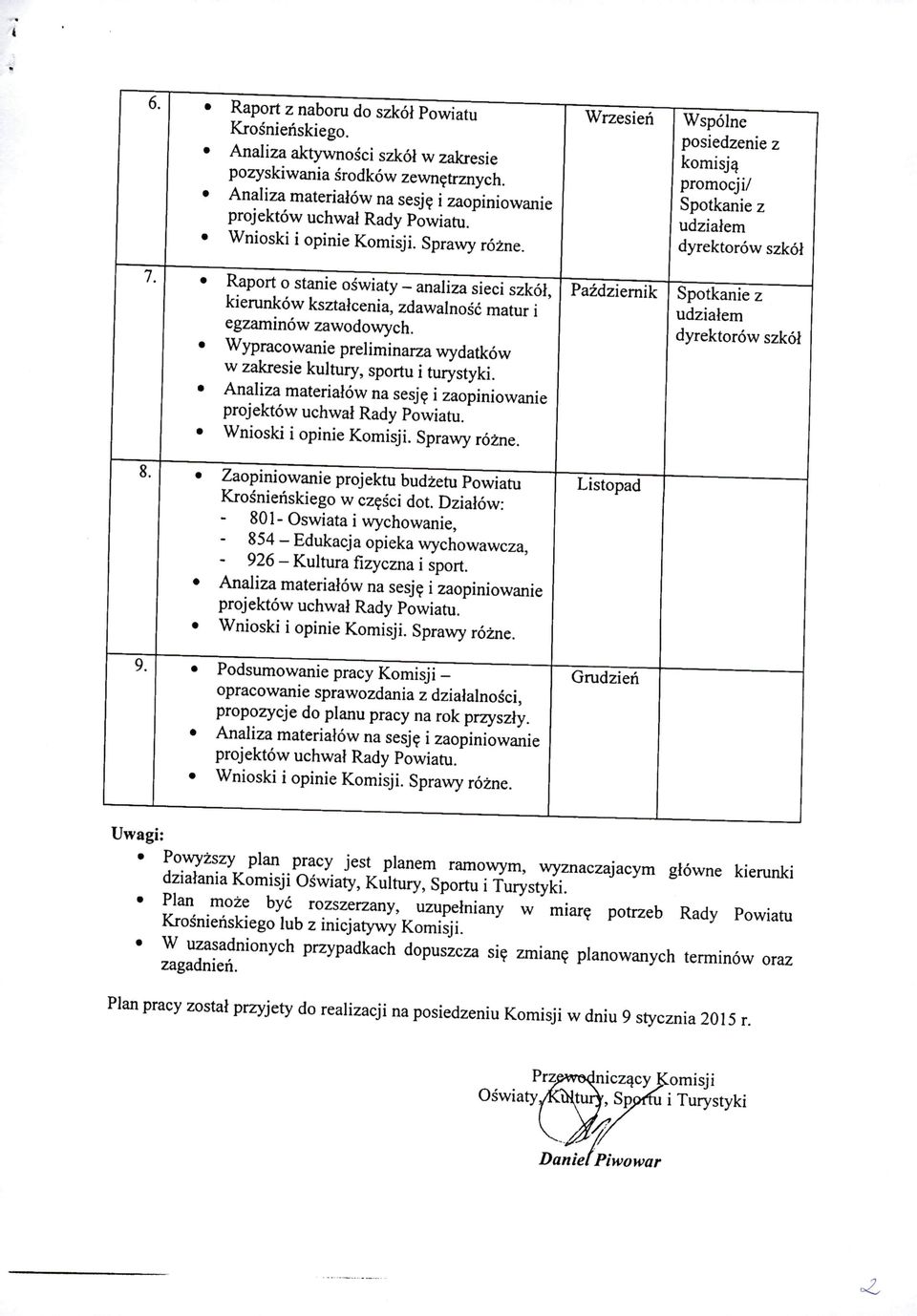 dyrektorów szkół Wypracowanie preliminarza wydatków w zakresie kultury, sportu i turystyki. 8. Zaopiniowanie projektu budżetu Powiatu Listopad Krośnieńskiego w części dot.