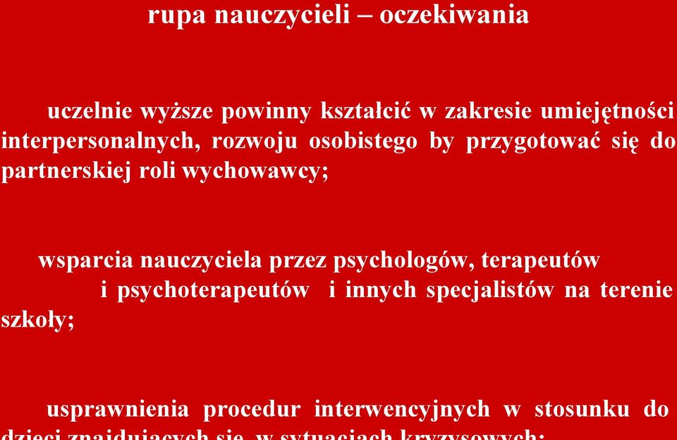 partnerskiej roli wychowawcy; wsparcia nauczyciela przez psychologów, terapeutów i