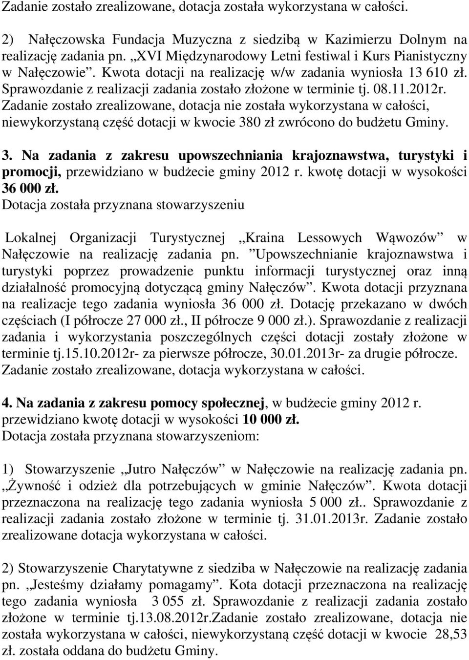 Zadanie zostało zrealizowane, dotacja nie została wykorzystana w całości, niewykorzystaną część w kwocie 38