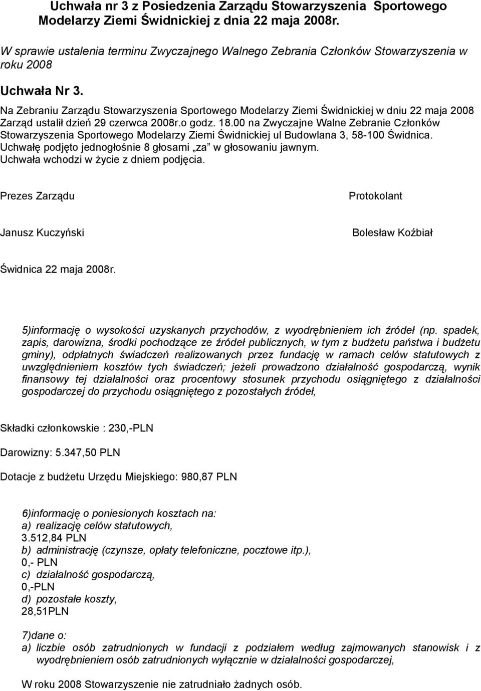 Na Zebraniu Zarządu Stowarzyszenia Sportowego Modelarzy Ziemi Świdnickiej w dniu 22 maja 2008 Zarząd ustalił dzień 29 czerwca 2008r.o godz. 18.