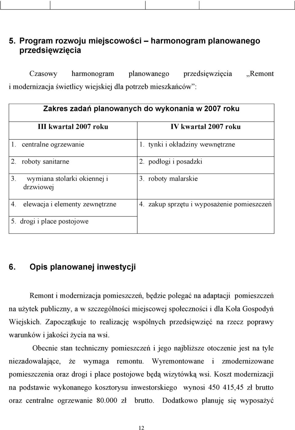 wymiana stolarki okiennej i drzwiowej 4. elewacja i elementy zewnętrzne 3. roboty malarskie 4. zakup sprzętu i wyposażenie pomieszczeń 5. drogi i place postojowe 6.