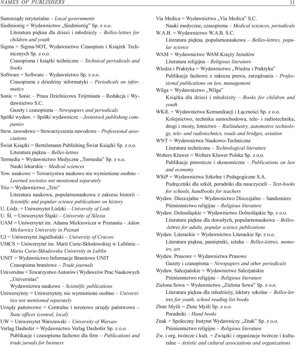 C. Gazety i czasopisma Newspapers and periodicals Spó³ki wydaw. = Spó³ki wydawnicze Jointstock publishing companies Stow.