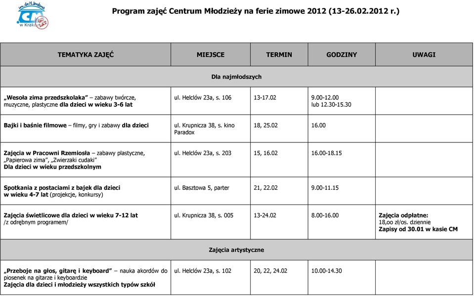 00 lub 12.30-15.30 Bajki i baśnie filmowe filmy, gry i zabawy dla dzieci ul. Krupnicza 38, s. kino 18, 25.02 16.