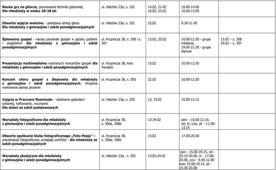 45 Śpiewamy gospel - nauka piosenek gospel w języku polskim i angielskim dla młodzieży z gimnazjów i szkół ponadgimnazjalnych ul. Krupnicza 38, s. 308 i s. 307 13.02, 20.02 10.00-12.