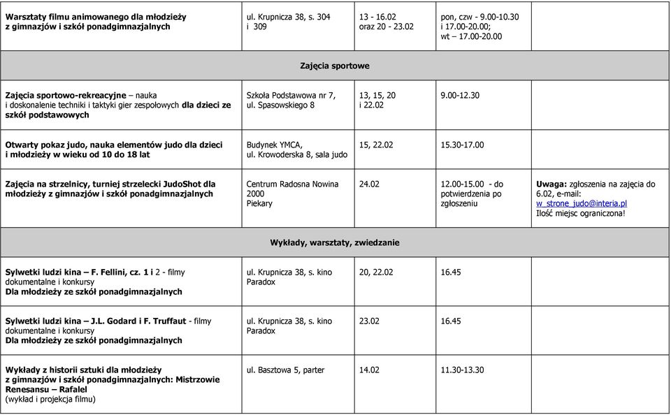 Spasowskiego 8 13, 15, 20 i 22.02 9.00-12.30 Otwarty pokaz judo, nauka elementów judo dla dzieci i młodzieży w wieku od 10 do 18 lat Budynek YMCA, ul. Krowoderska 8, sala judo 15, 22.02 15.30-17.