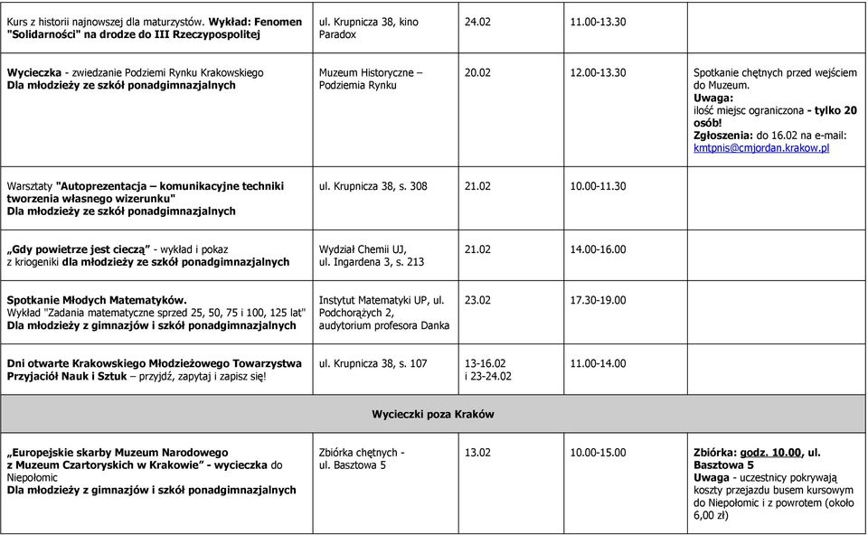 Zgłoszenia: do 16.02 na e-mail: kmtpnis@cmjordan.krakow.pl Warsztaty "Autoprezentacja komunikacyjne techniki tworzenia własnego wizerunku" ul. Krupnicza 38, s. 308 21.02 10.00-11.