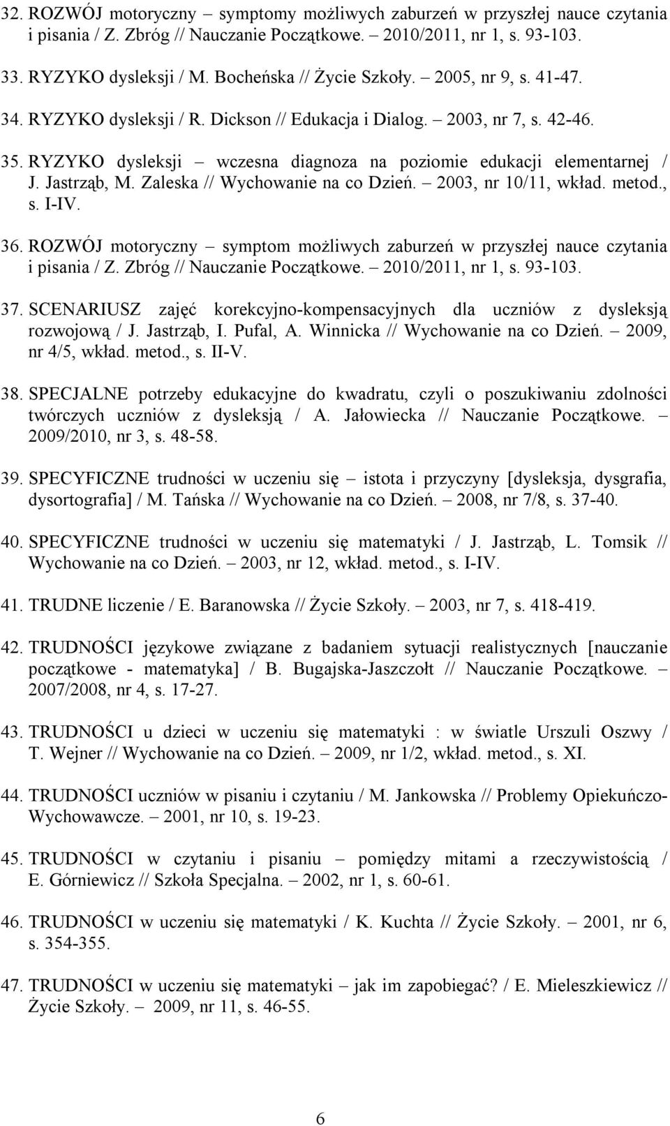 RYZYKO dysleksji wczesna diagnoza na poziomie edukacji elementarnej / J. Jastrząb, M. Zaleska // Wychowanie na co Dzień. 2003, nr 10/11, wkład. metod., s. I-IV. 36.