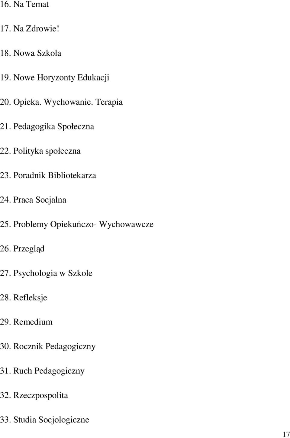 Praca Socjalna 25. Problemy Opiekuńczo- Wychowawcze 26. Przegląd 27. Psychologia w Szkole 28.