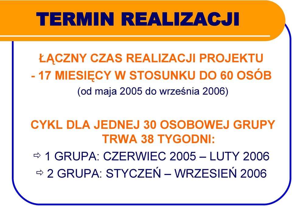 2006) CYKL DLA JEDNEJ 30 OSOBOWEJ GRUPY TRWA 38 TYGODNI: