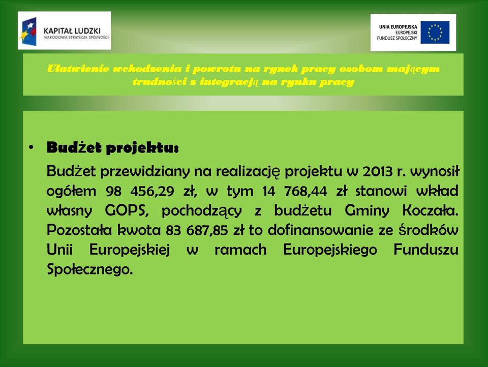 wynosił ogółem 98 456,29 zł, w tym 14 768,44 zł stanowi wkład własny GOPS, pochodzący z budżetu