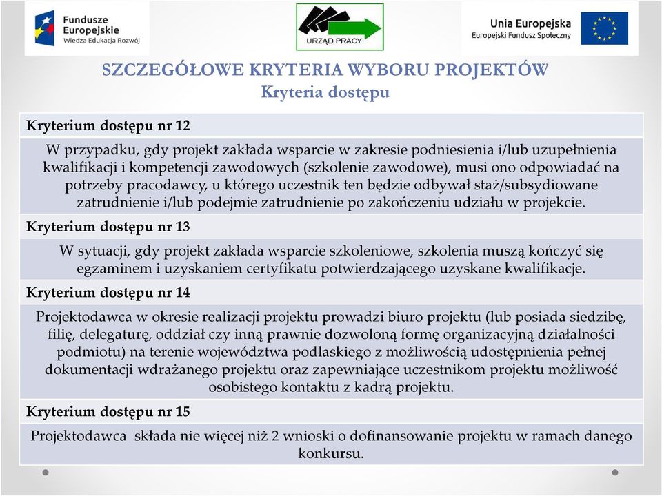 Kryterium dostępu nr 13 W sytuacji, gdy projekt zakłada wsparcie szkoleniowe, szkolenia muszą kończyć się egzaminem i uzyskaniem certyfikatu potwierdzającego uzyskane kwalifikacje.