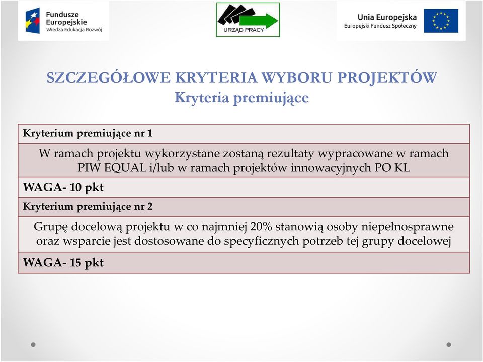 PO KL WAGA-10 pkt Kryterium premiujące nr 2 Grupę docelową projektu w co najmniej 20% stanowią osoby