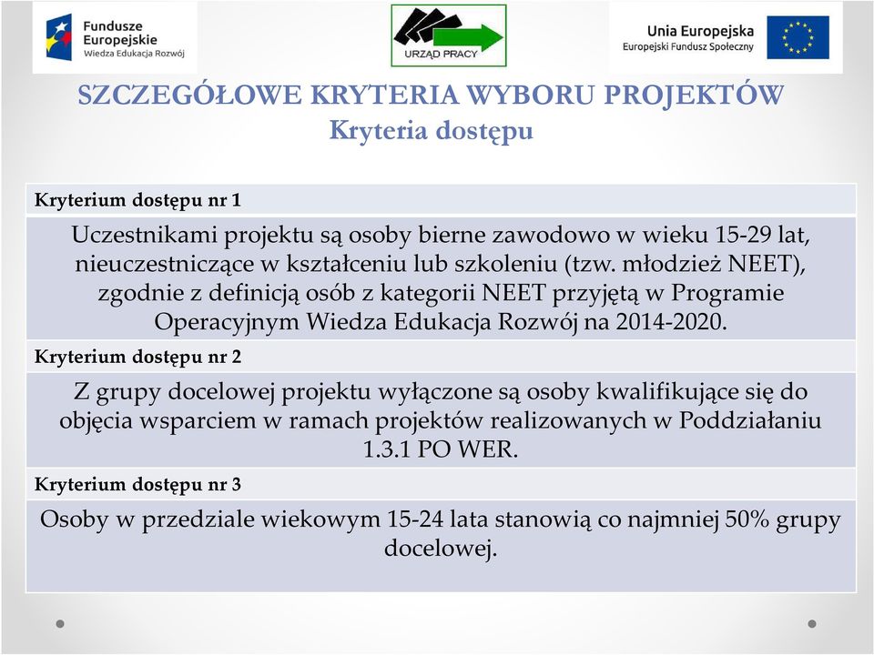 młodzież NEET), zgodnie z definicją osób z kategorii NEET przyjętą w Programie Operacyjnym Wiedza Edukacja Rozwój na 2014-2020.