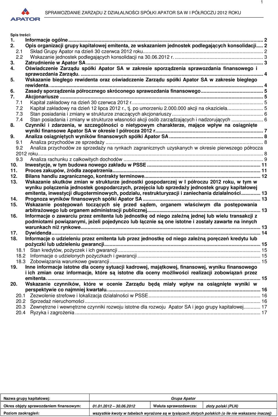 Oświadczenie Zarządu spółki Apator SA w zakresie sporządzenia sprawozdania finansowego i sprawozdania Zarządu.... 4 5.