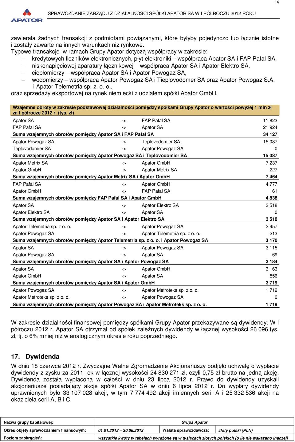 łącznikowej współpraca Apator SA i Apator Elektro SA, ciepłomierzy współpraca Apator SA i Apator Powogaz SA, wodomierzy współpraca Apator Powogaz SA i Tieplovodomer SA oraz Apator Powogaz S.A. i Apator Telemetria sp.