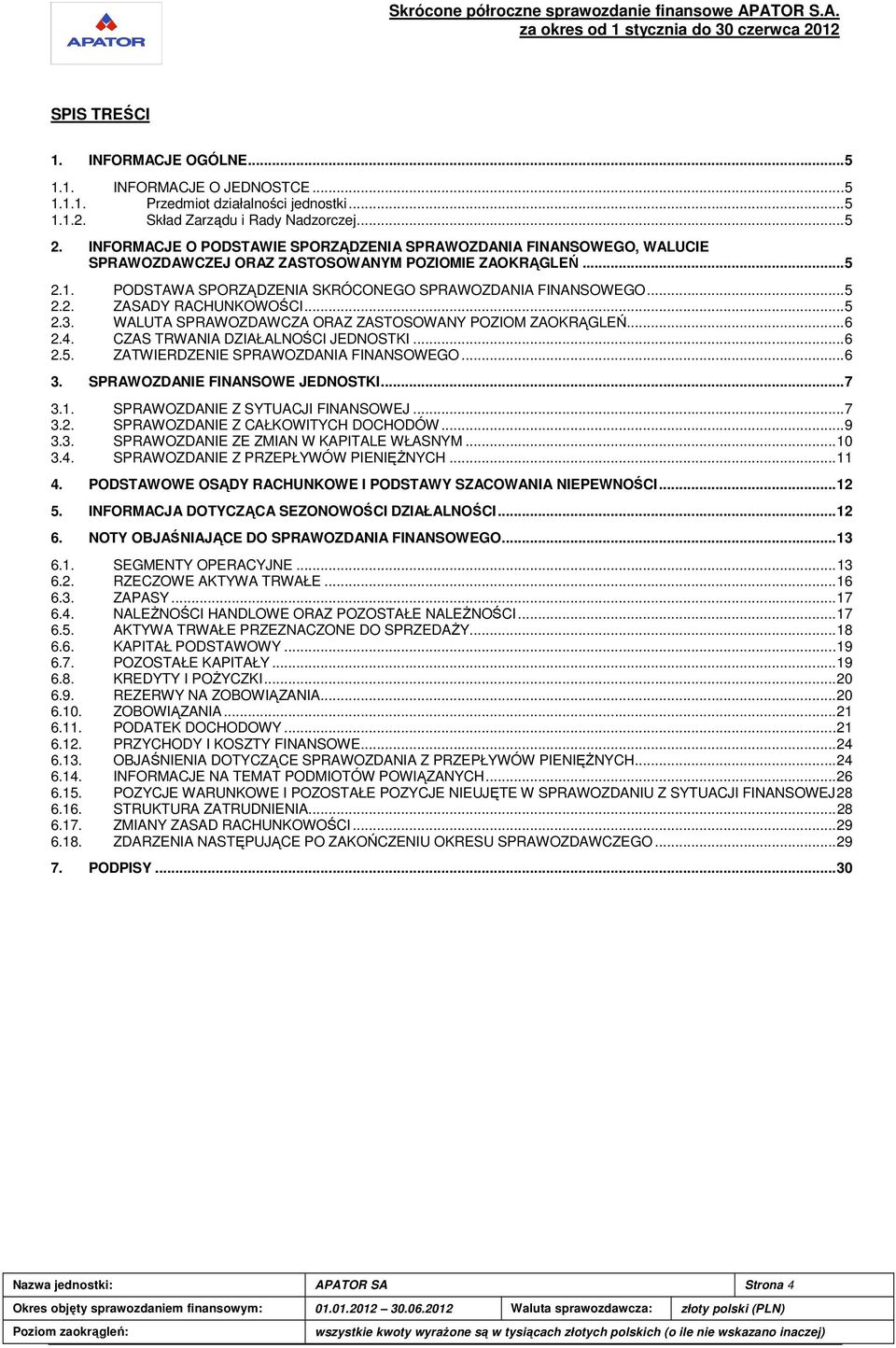 ..5 2.2. ZASADY RACHUNKOWOŚCI...5 2.3. WALUTA SPRAWOZDAWCZA ORAZ ZASTOSOWANY POZIOM ZAOKRĄGLEŃ...6 2.4. CZAS TRWANIA DZIAŁALNOŚCI JEDNOSTKI...6 2.5. ZATWIERDZENIE SPRAWOZDANIA FINANSOWEGO...6 3.