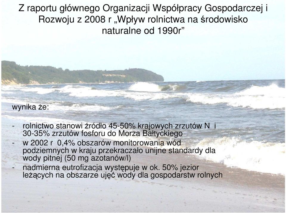 - w 2002 r 0,4% obszarów monitorowania wód podziemnych w kraju przekraczało unijne standardy dla wody pitnej (50 mg