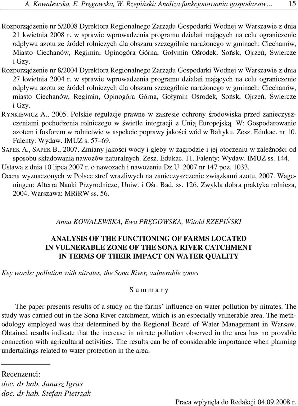 Rozporządzenie nr 8/2004 Dyrektora Regionalnego Zarządu Gospodarki Wodnej w Warszawie z dnia 27 kwietnia 2004 r.