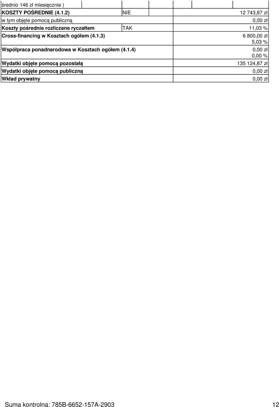 2) NIE 12 743,87 zł w tym objęte pomocą publiczną Koszty pośrednie rozliczane ryczałtem TAK 11,03