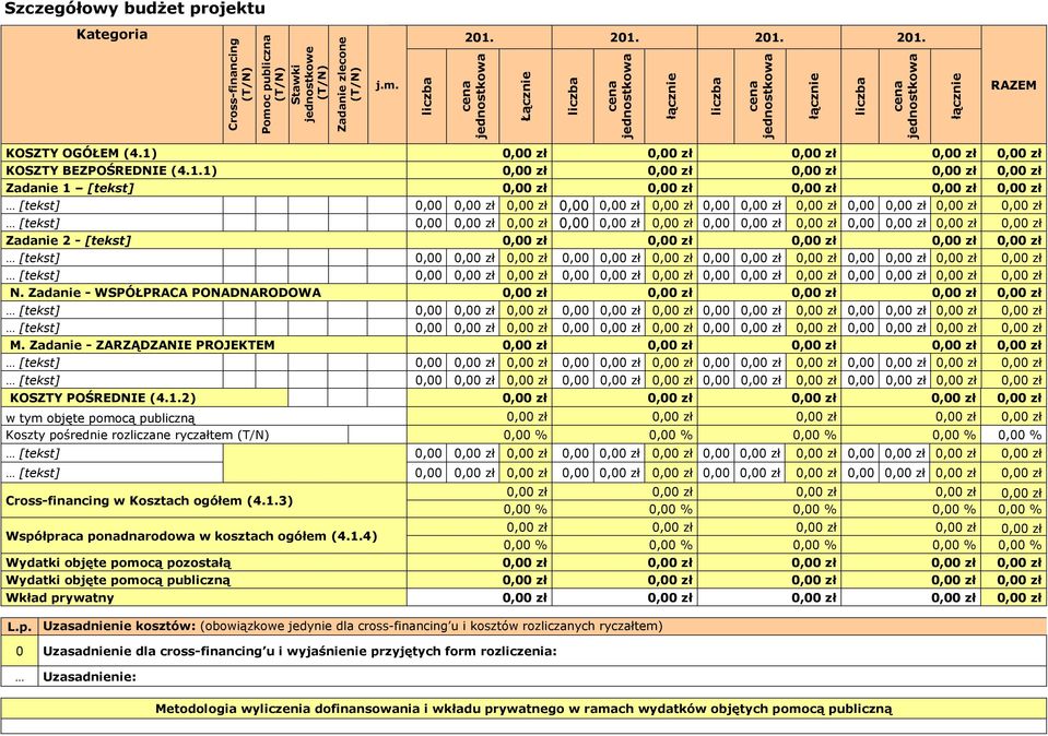 1) 0,00 zł 0,00 zł 0,00 zł 0,00 zł 0,00 zł KOSZTY BEZPOŚREDNIE (4.1.1) 0,00 zł 0,00 zł 0,00 zł 0,00 zł 0,00 zł Zadanie 1 [] 0,00 zł 0,00 zł 0,00 zł 0,00 zł 0,00 zł [] 0,00 0,00 zł 0,00 zł 0,00 0,00