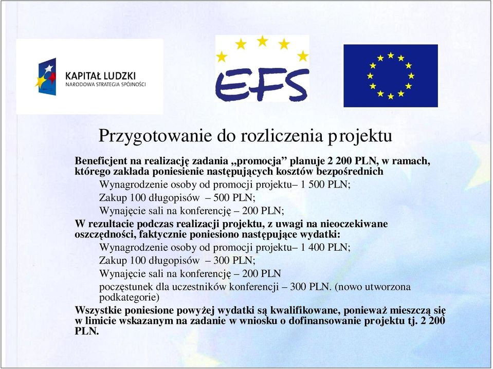 poniesiono następujące wydatki: Wynagrodzenie osoby od promocji projektu 1 400 PLN; Zakup 100 długopisów 300 PLN; Wynajęcie sali na konferencję 200 PLN poczęstunek dla uczestników konferencji