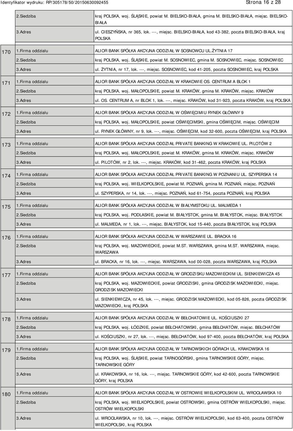 SOSNOWIEC, miejsc. SOSNOWIEC ul. ŻYTNIA, nr 17, lok. ---, miejsc. SOSNOWIEC, kod 41-205, poczta SOSNOWIEC, kraj 171 1.Firma oddziału ALIOR BANK SPÓŁKA AKCYJNA ODDZIAŁ W KRAKOWIE OS.