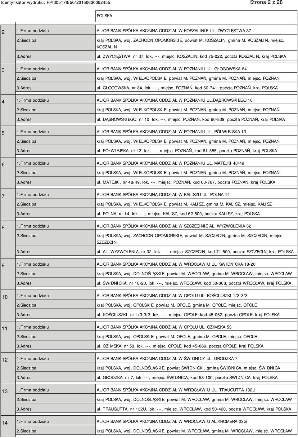 POZNAŃ, gmina M. POZNAŃ, miejsc. POZNAŃ ul. GŁOGOWSKA, nr 84, lok. ---, miejsc. POZNAŃ, kod 60-741, poczta POZNAŃ, kraj 4 1.Firma oddziału ALIOR BANK SPÓŁKA AKCYJNA ODDZIAŁ W POZNANIU UL.