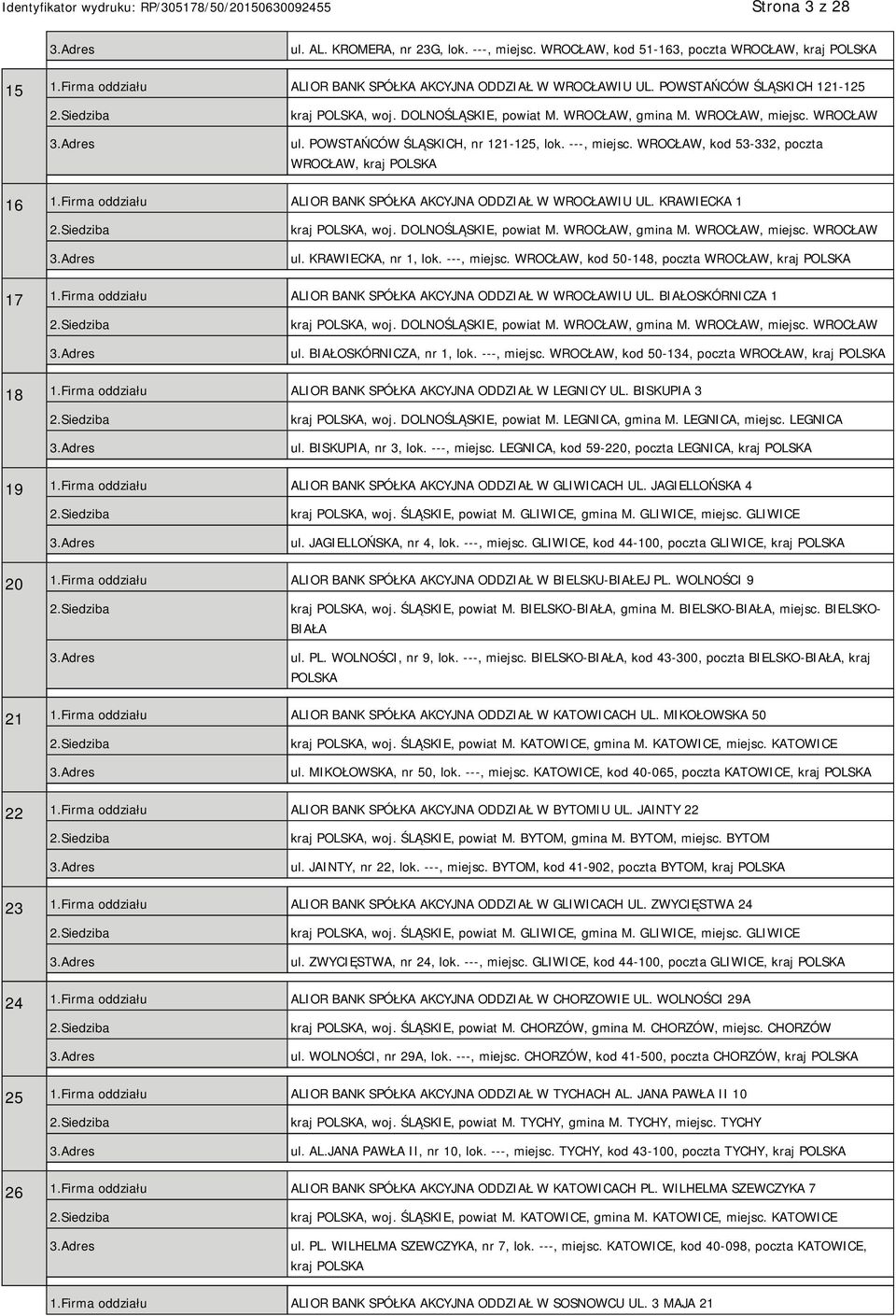 WROCŁAW, kod 53-332, poczta WROCŁAW, kraj 16 1.Firma oddziału ALIOR BANK SPÓŁKA AKCYJNA ODDZIAŁ W WROCŁAWIU UL. KRAWIECKA 1 kraj, woj. DOLNOŚLĄSKIE, powiat M. WROCŁAW, gmina M. WROCŁAW, miejsc.