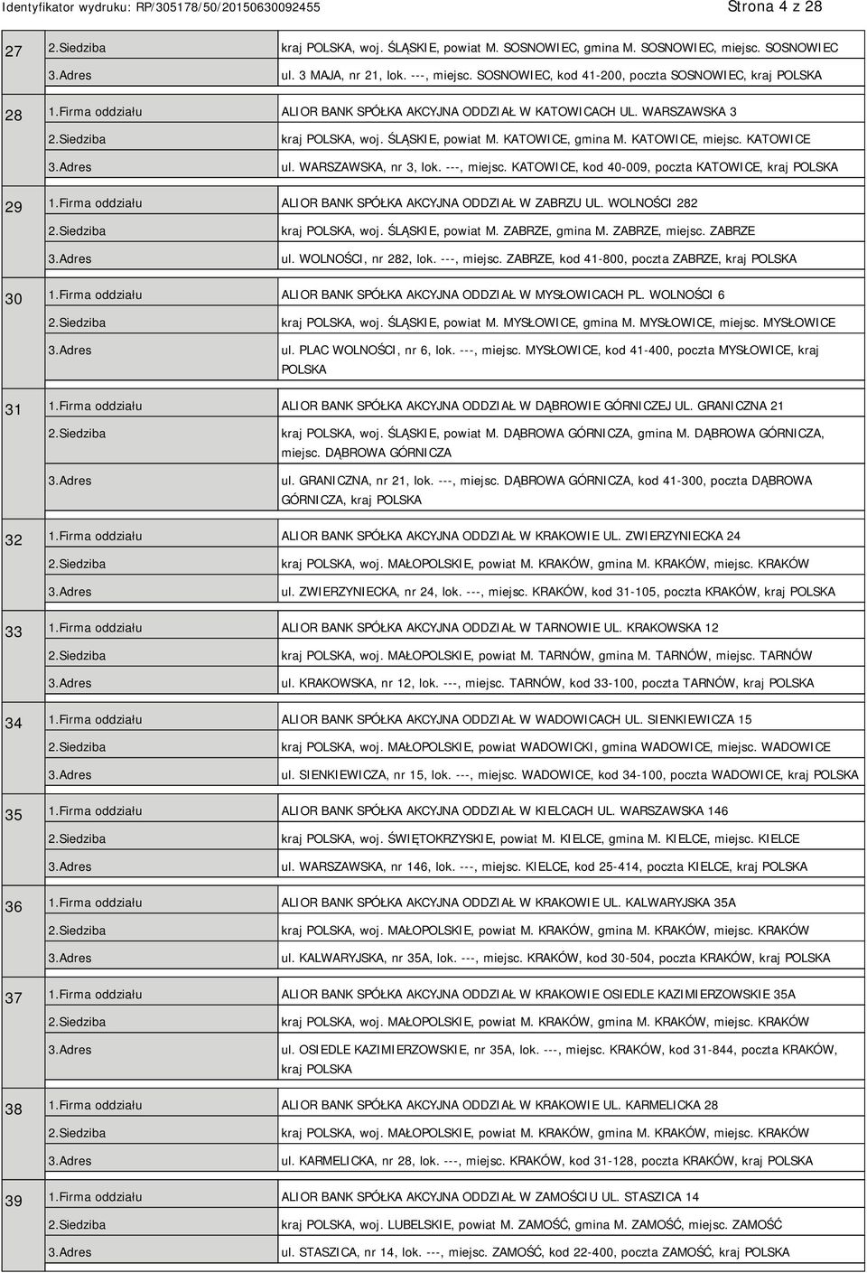 KATOWICE, kod 40-009, poczta KATOWICE, kraj 29 1.Firma oddziału ALIOR BANK SPÓŁKA AKCYJNA ODDZIAŁ W ZABRZU UL. WOLNOŚCI 282 kraj, woj. ŚLĄSKIE, powiat M. ZABRZE, gmina M. ZABRZE, miejsc. ZABRZE ul.