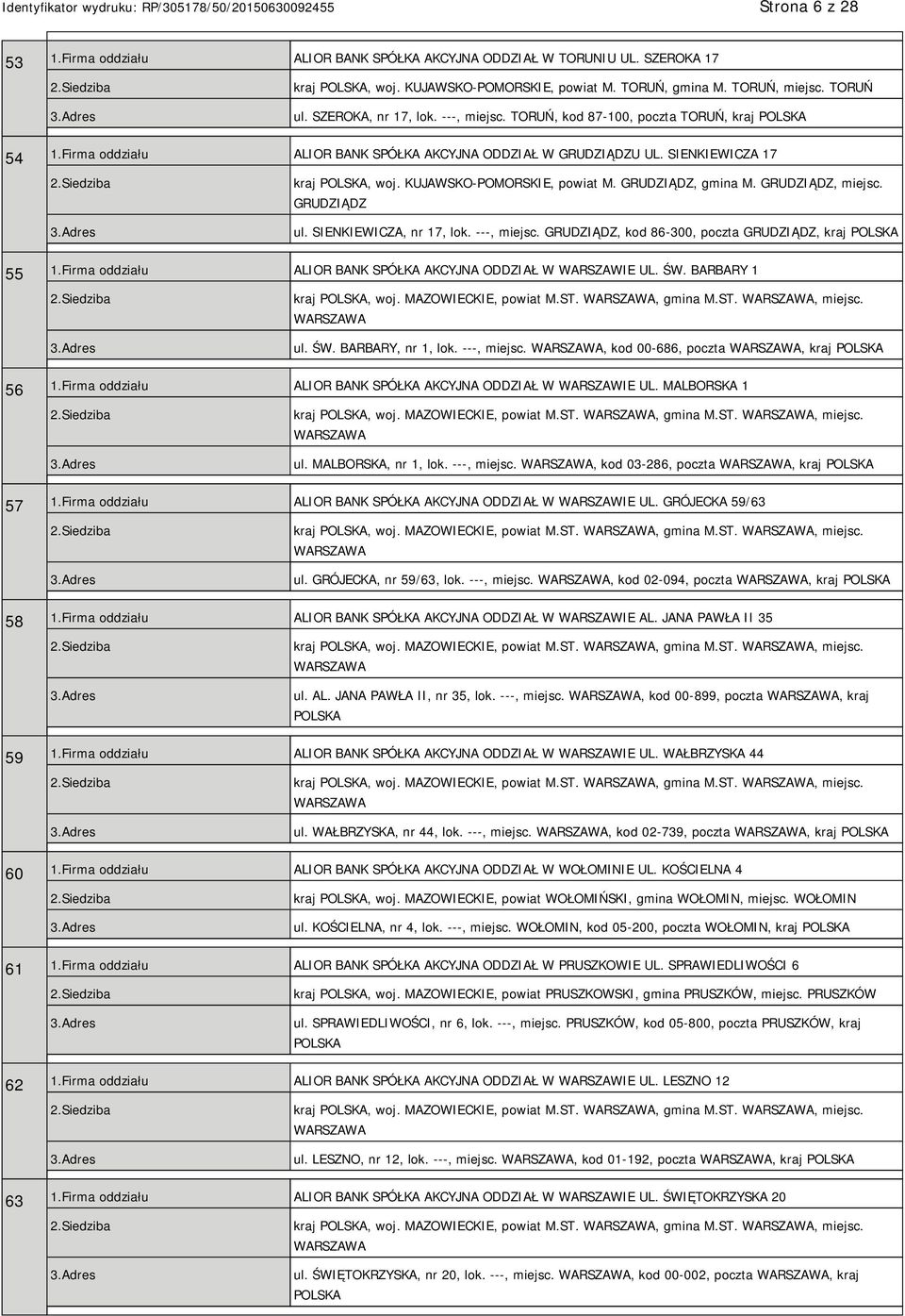 GRUDZIĄDZ, miejsc. GRUDZIĄDZ ul. SIENKIEWICZA, nr 17, lok. ---, miejsc. GRUDZIĄDZ, kod 86-300, poczta GRUDZIĄDZ, kraj 55 1.Firma oddziału ALIOR BANK SPÓŁKA AKCYJNA ODDZIAŁ W WARSZAWIE UL. ŚW.