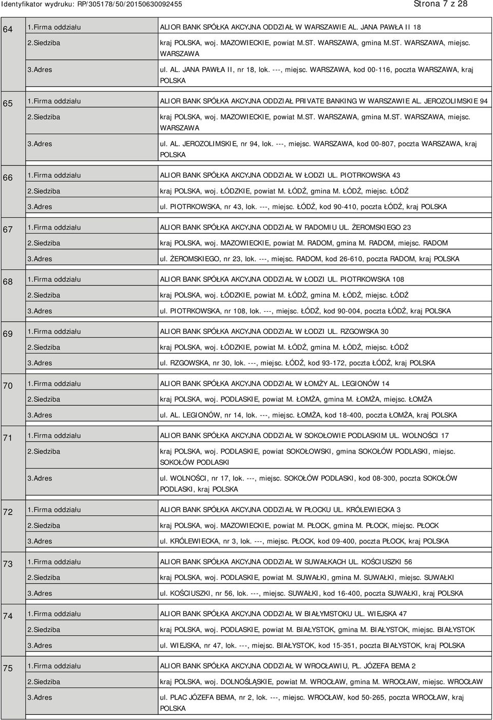AL. JEROZOLIMSKIE, nr 94, lok. ---, miejsc., kod 00-807, poczta, kraj 66 1.Firma oddziału ALIOR BANK SPÓŁKA AKCYJNA ODDZIAŁ W ŁODZI UL. PIOTRKOWSKA 43 kraj, woj. ŁÓDZKIE, powiat M. ŁÓDŹ, gmina M.